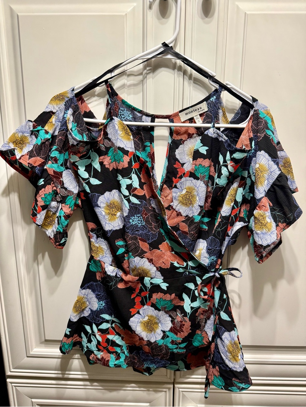 Monteau Black Floral Cold-Shoulder Wrap Blouse